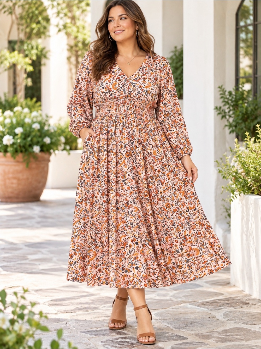 Old Navy Multi Floral Midi Dress Plus Sz 2X Smocked Waist Long Sleeve Boho NWT